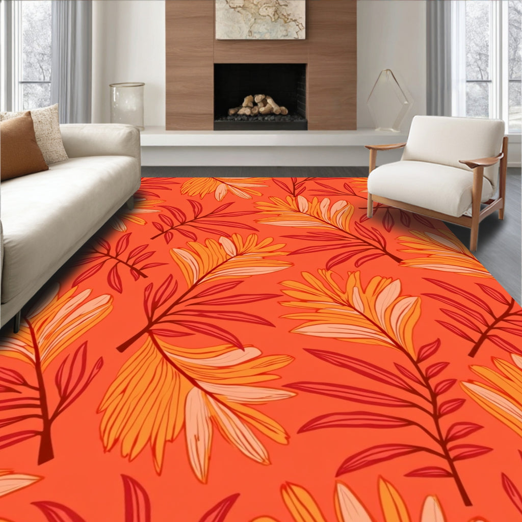 Warm Tropical Leaf Pattern Rug