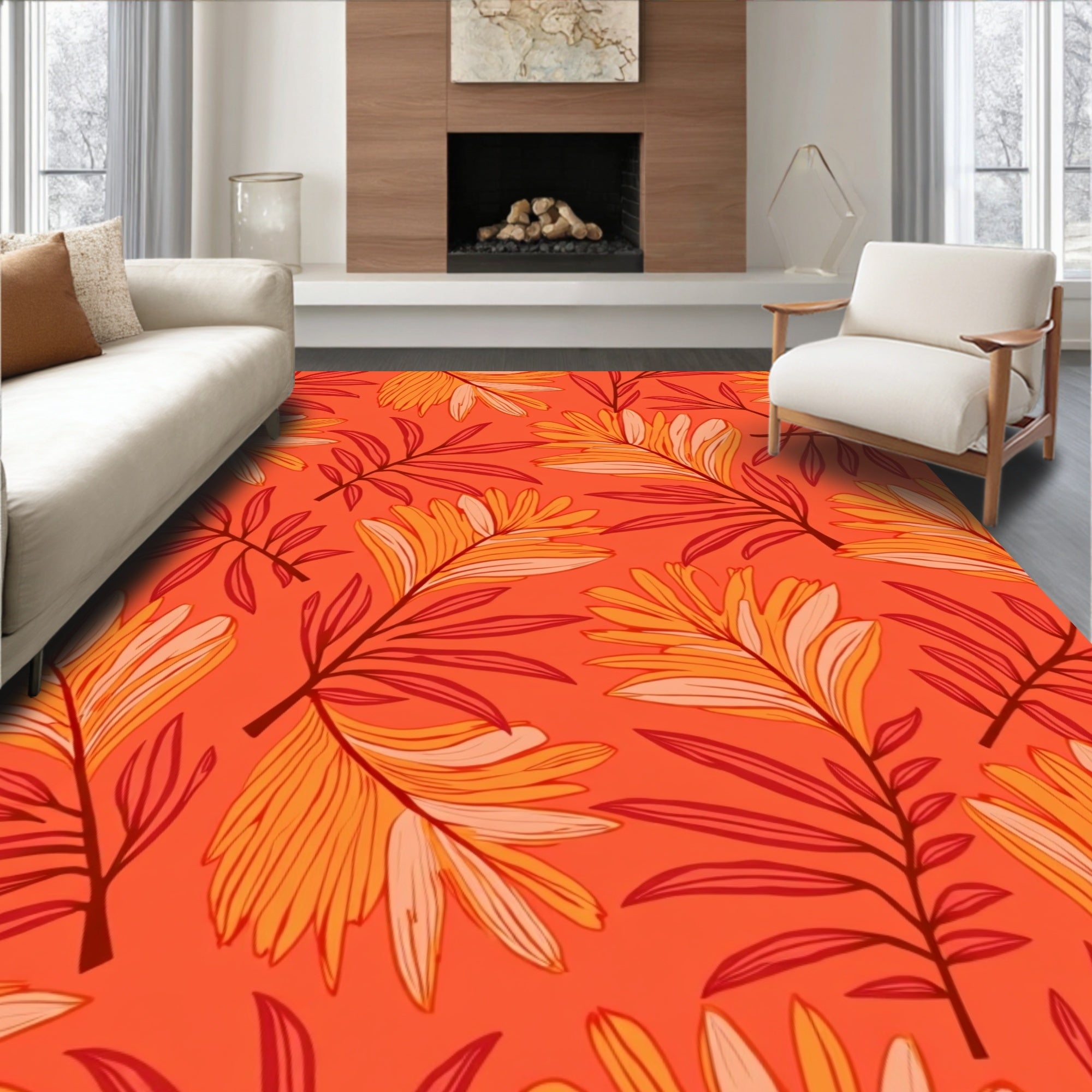 Warm Tropical Leaf Pattern Rug