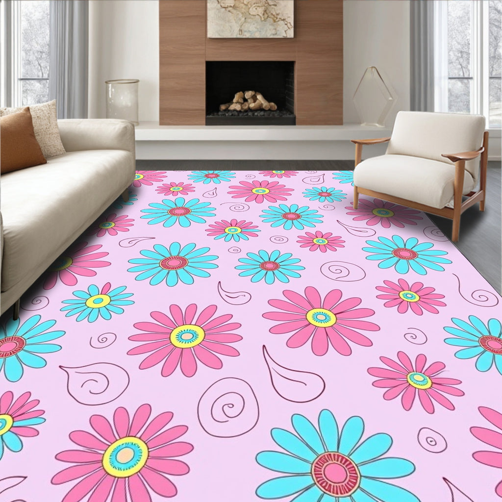 Pink Blue Daisy Pattern Rug