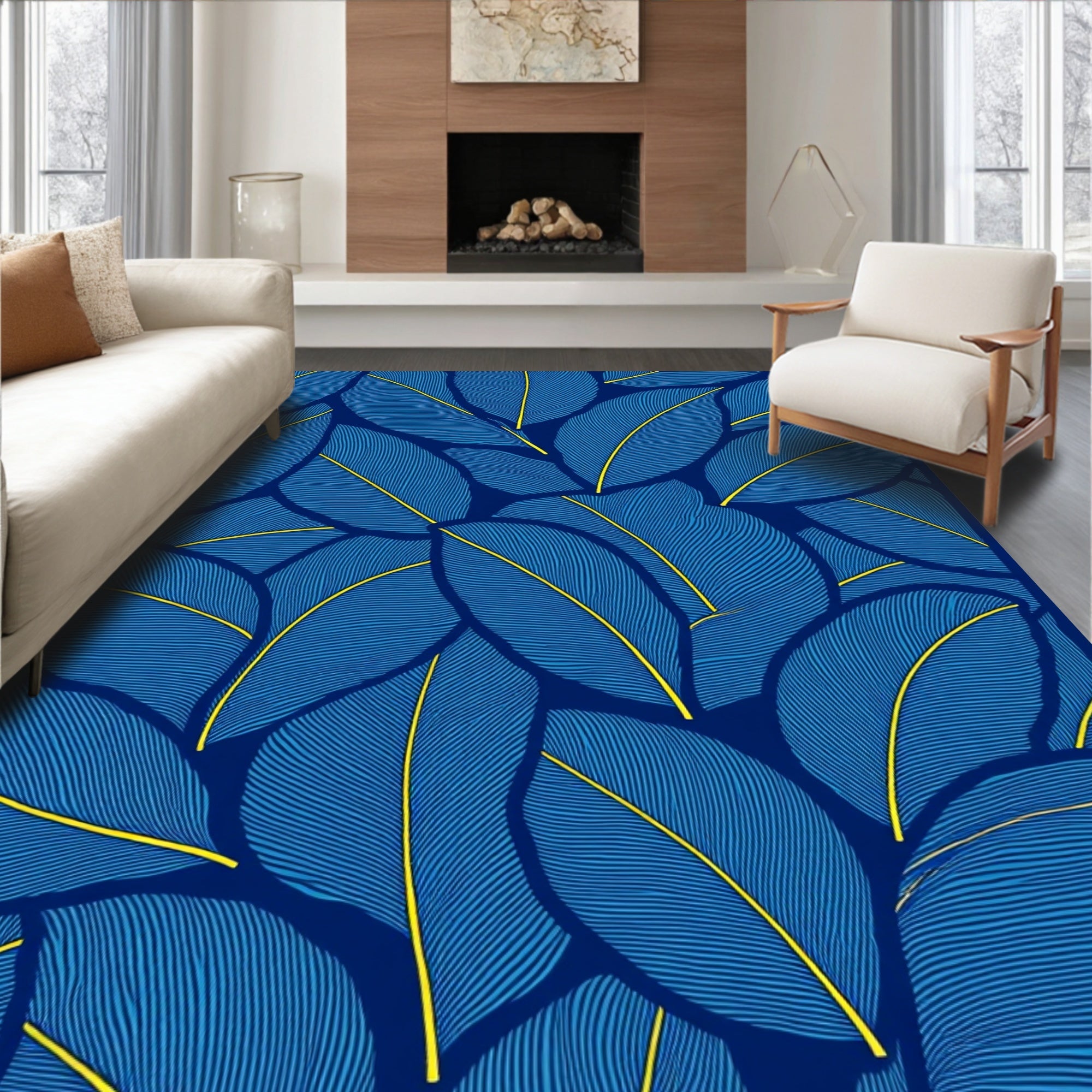 Deep Blue Feather Pattern Design Rug