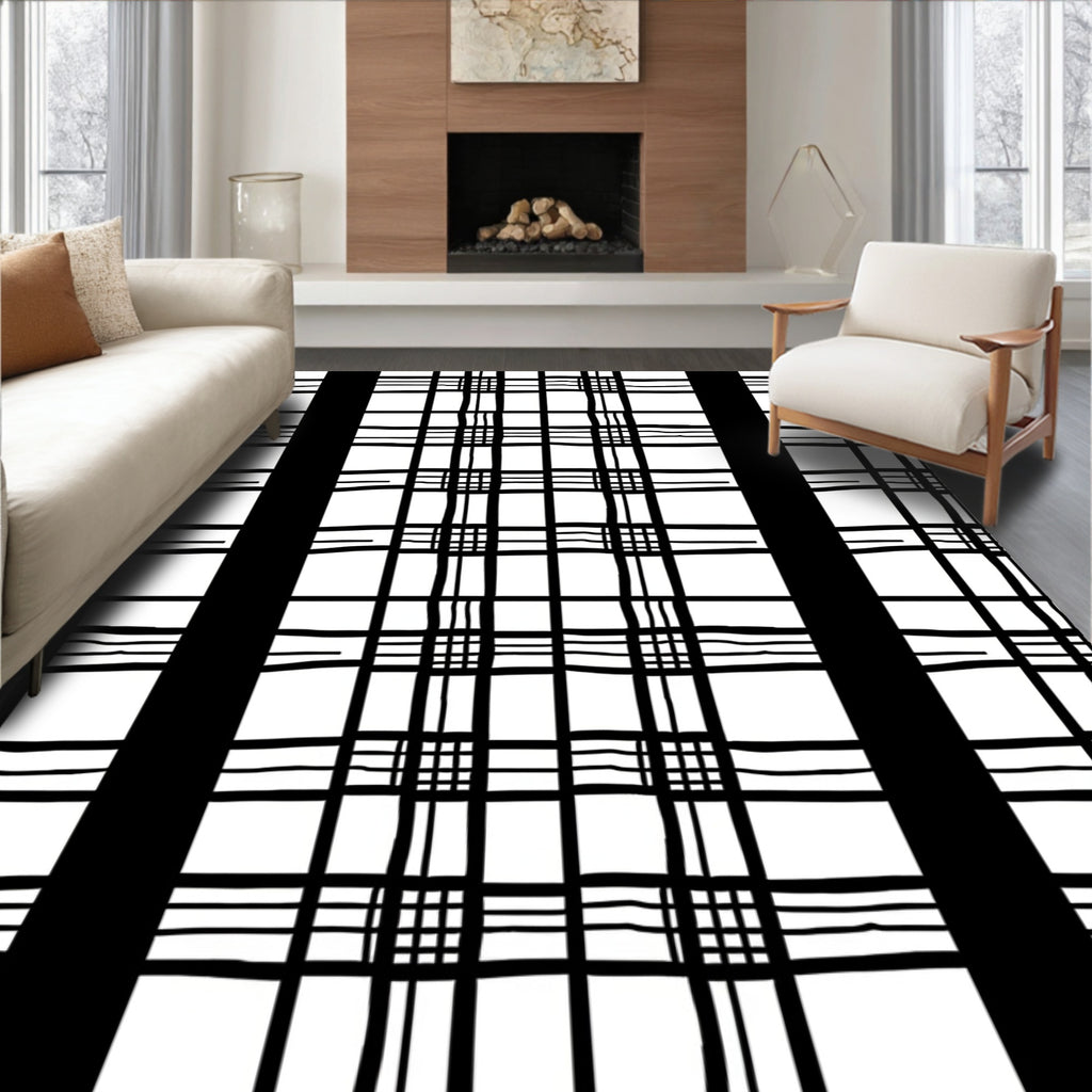Bold Black White Plaid Design Rug