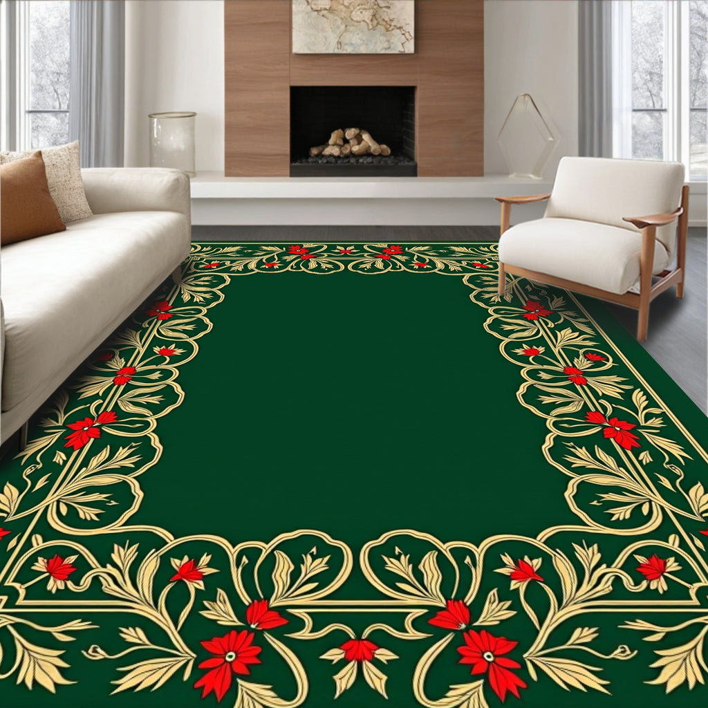 Emerald Green Crimson Floral Vine Rug