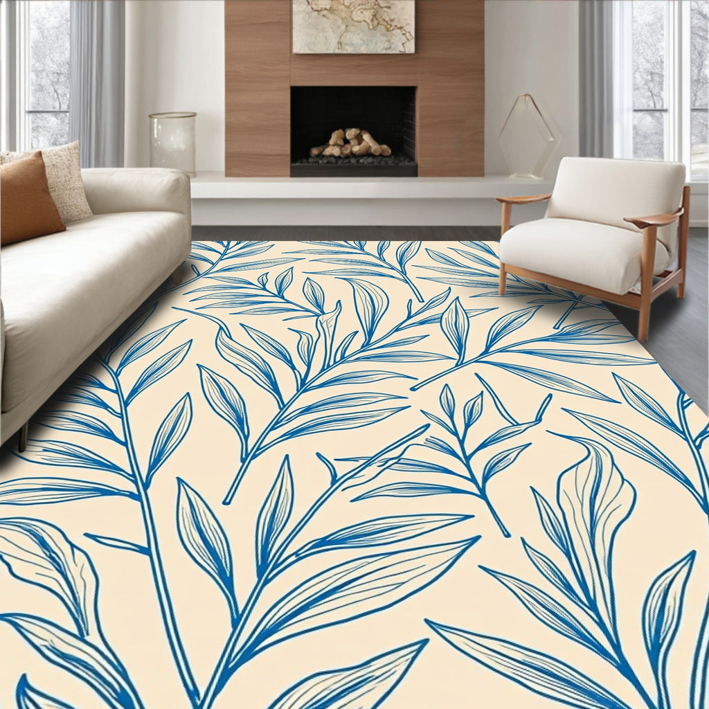 Blue Leaf Line Art Pattern Rug