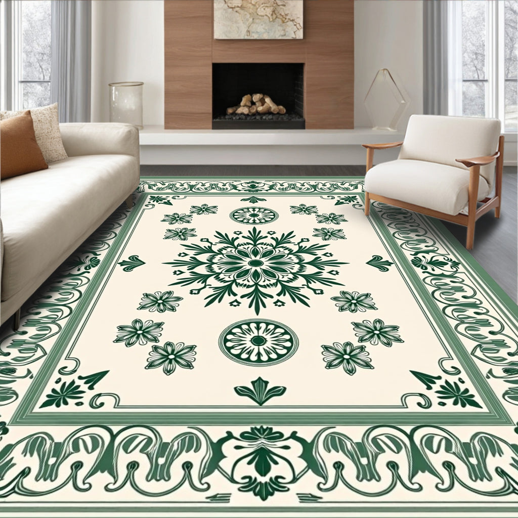 Elegant Green Floral Medallion Border Rug