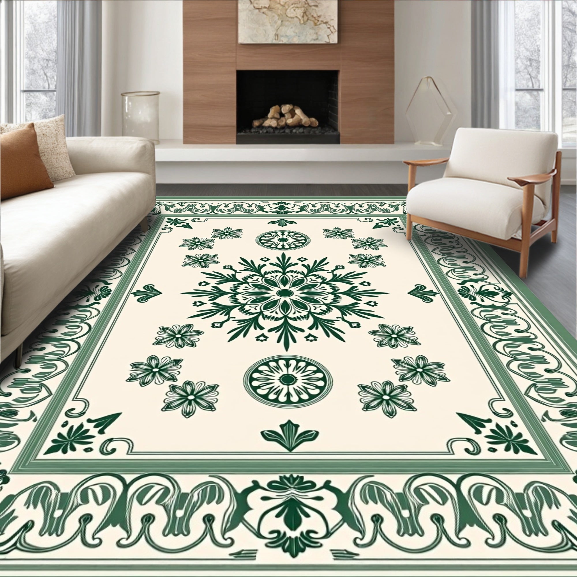 Elegant Green Floral Medallion Border Rug