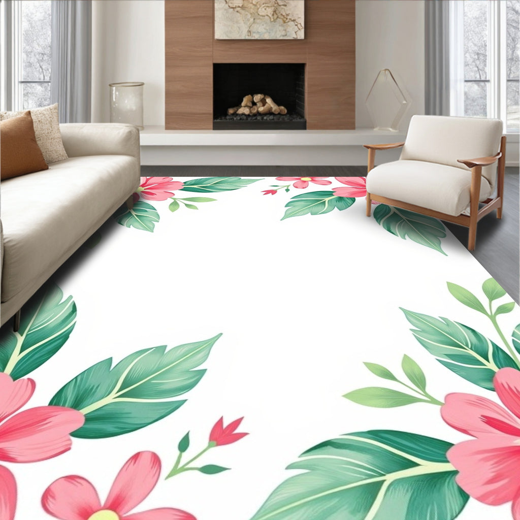 Pink Floral Leaf Corner Accents Rug