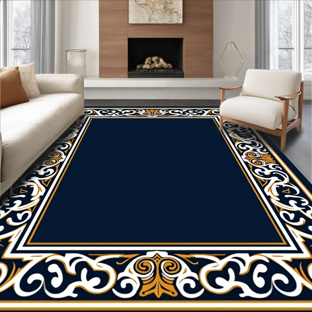Navy White Gold Scrollwork Frame Rug