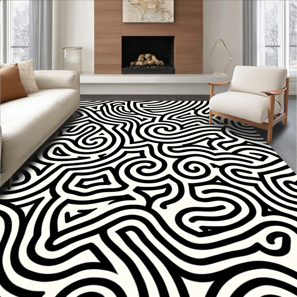 Abstract Black White Swirl Pattern Rug