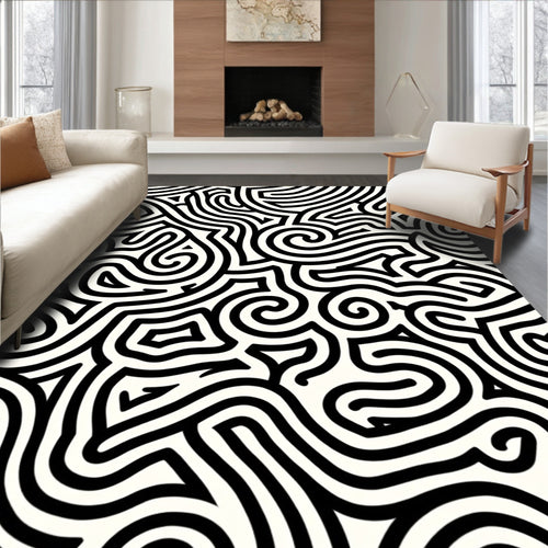 Abstract Black White Swirl Pattern Rug