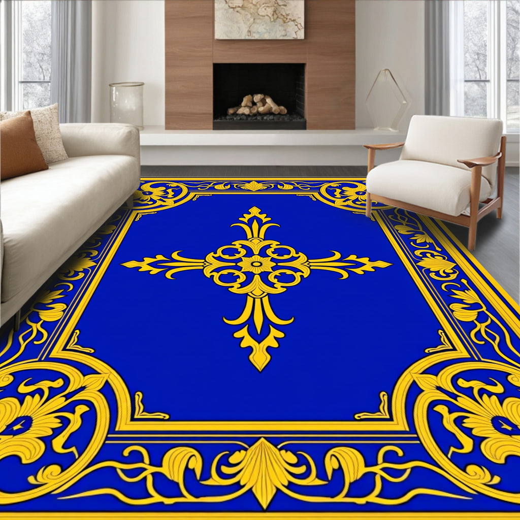 Royal Blue Gold Ornate Floral Rug