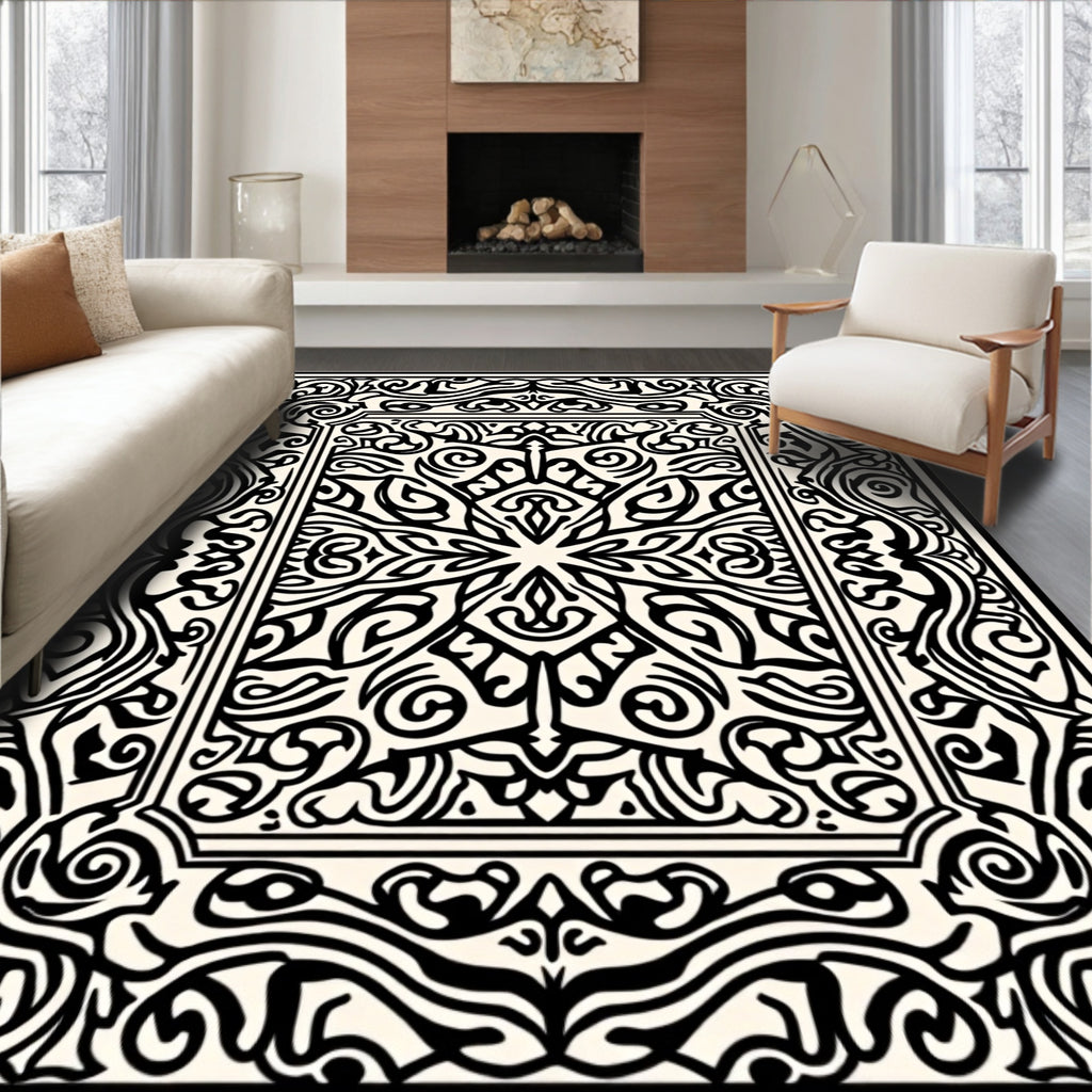 Black Traditional Elaborate Scrollwork Pattern Rug