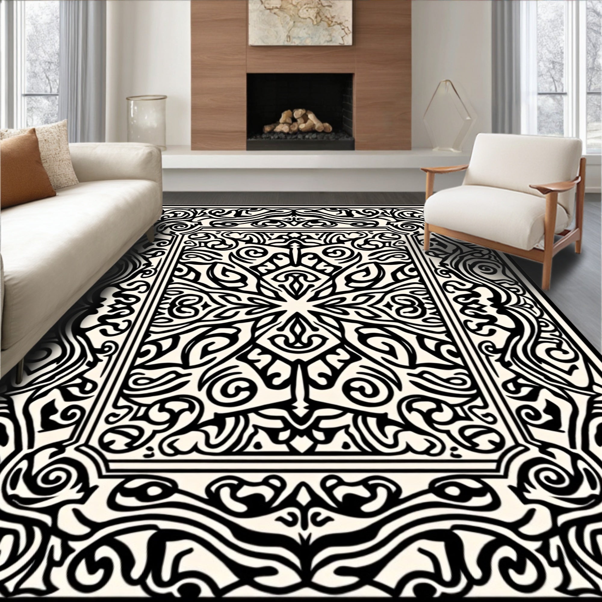 Black Traditional Elaborate Scrollwork Pattern Rug