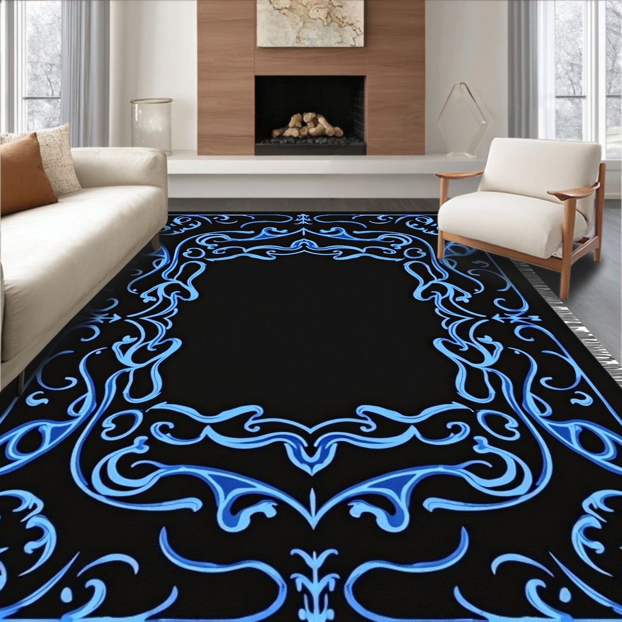 Electric Blue Ornate Scrollwork Rug