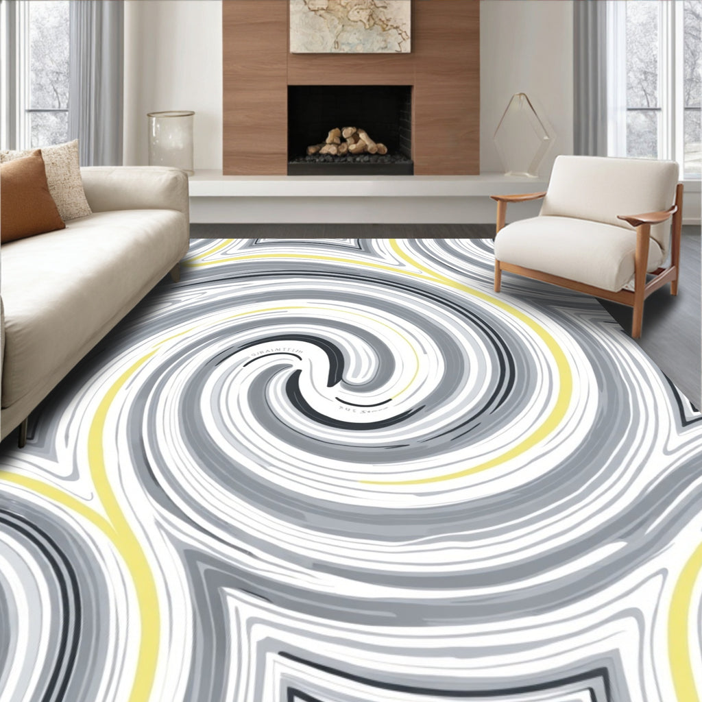 Abstract Swirl Gray Yellow Pattern Rug
