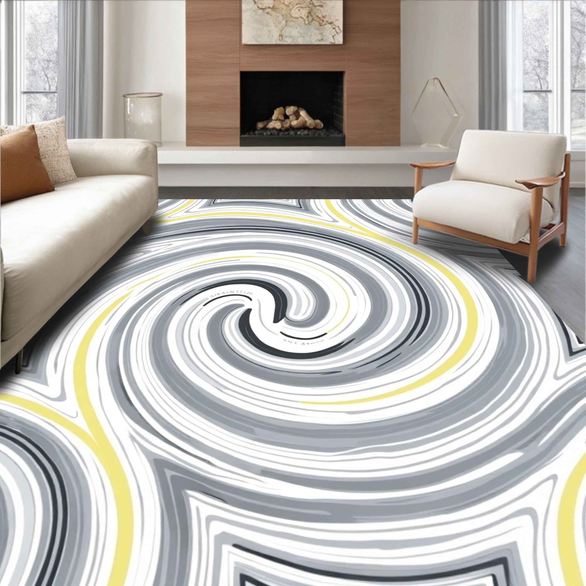 Abstract Swirl Gray Yellow Pattern Rug
