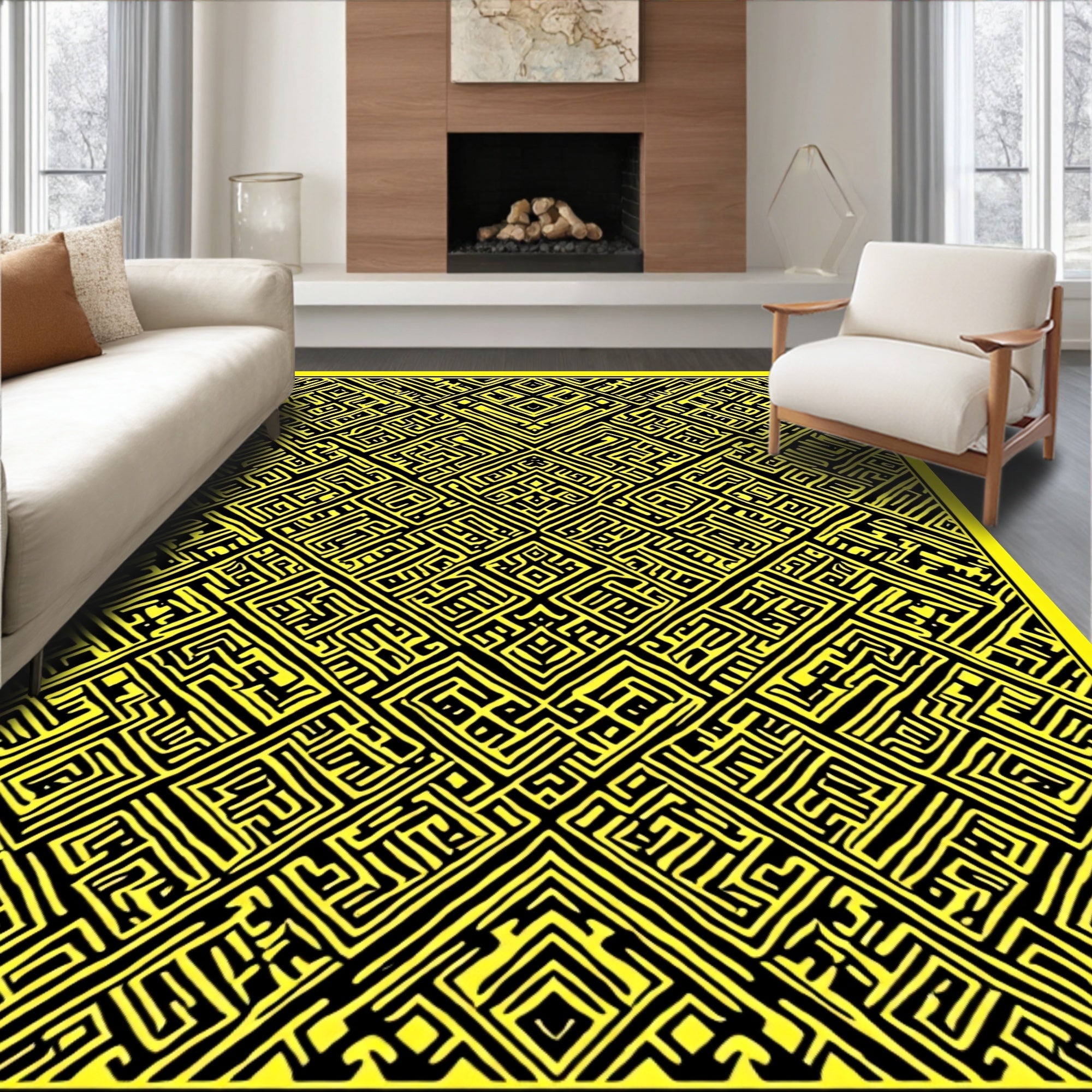 Bright Yellow Maze Patterned Rug