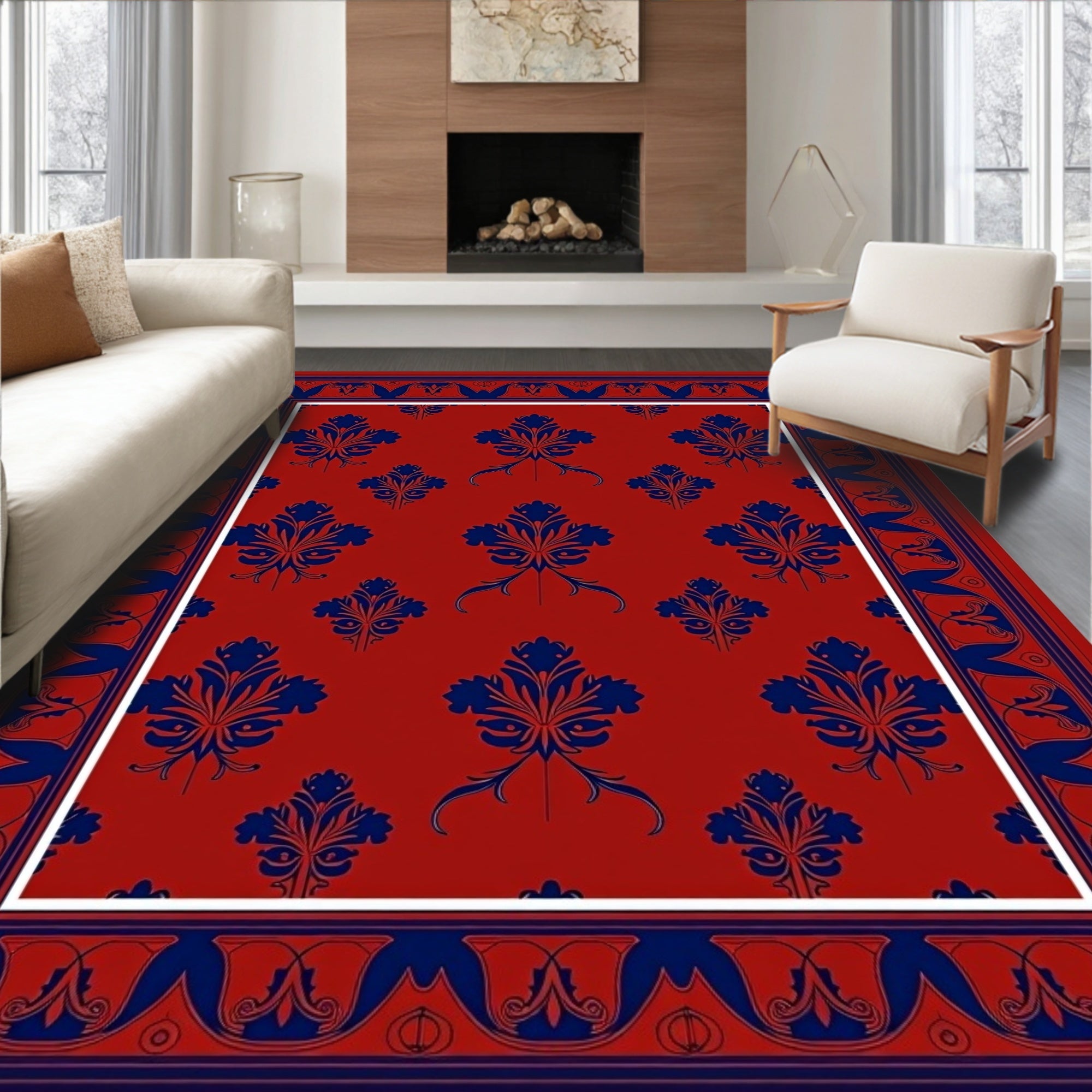 Bold Blue Floral Border Red Rug