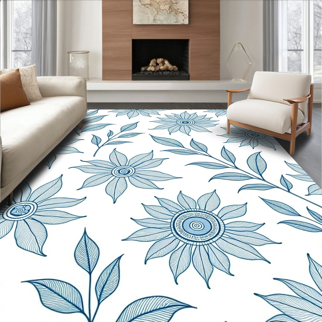 Blue Floral Linework Decorative Pattern Rug