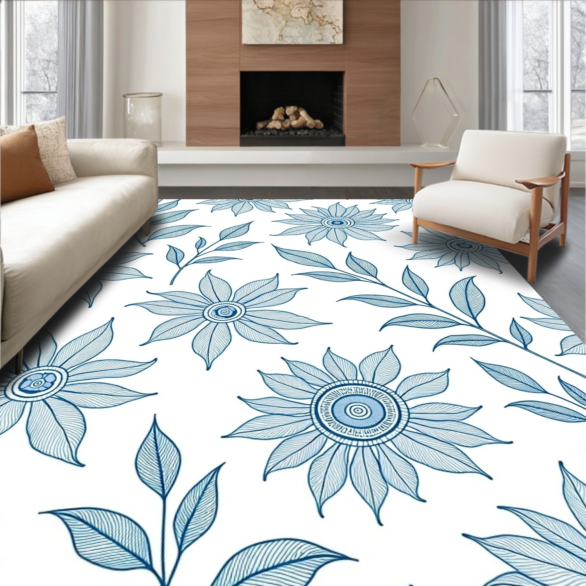 Blue Floral Linework Decorative Pattern Rug