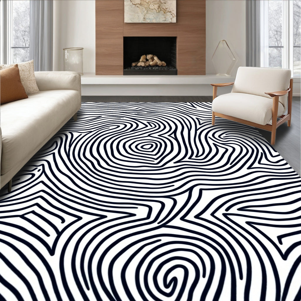 Abstract Black White Wavy Lines Rug