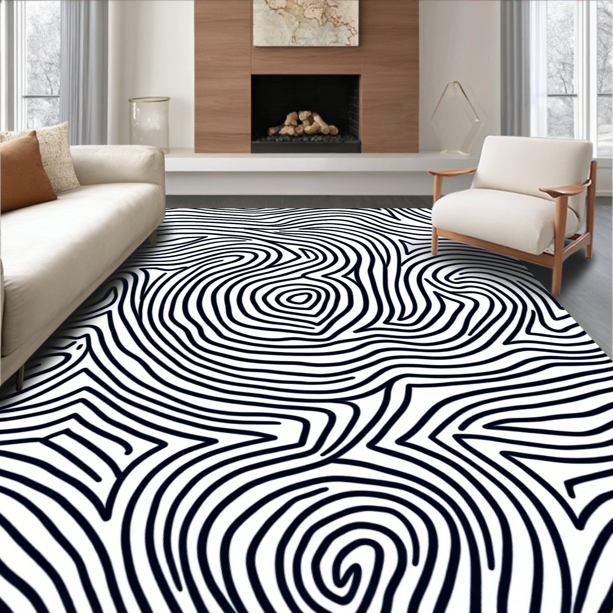 Abstract Black White Wavy Lines Rug