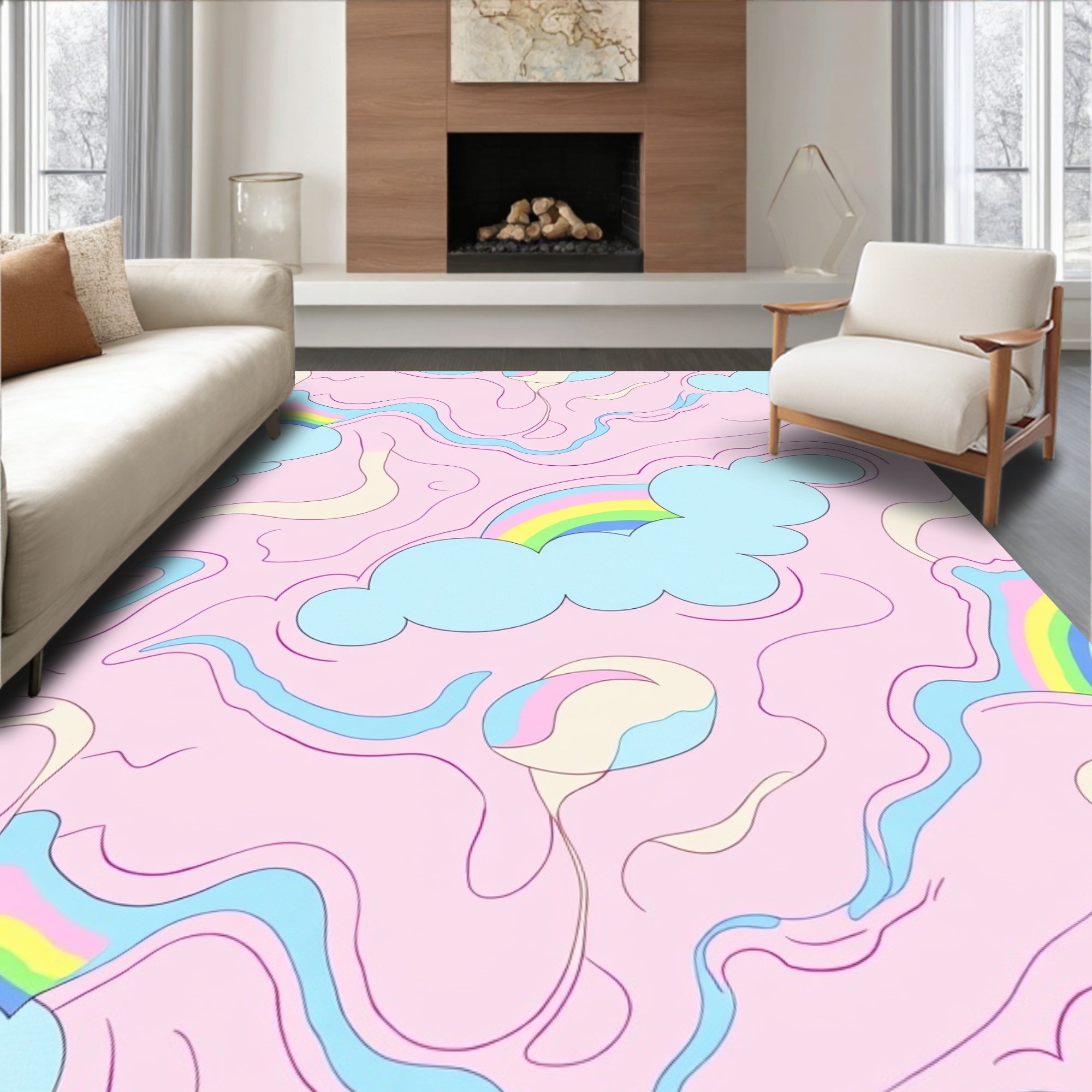 Whimsical Pastel Clouds And Rainbows Rug