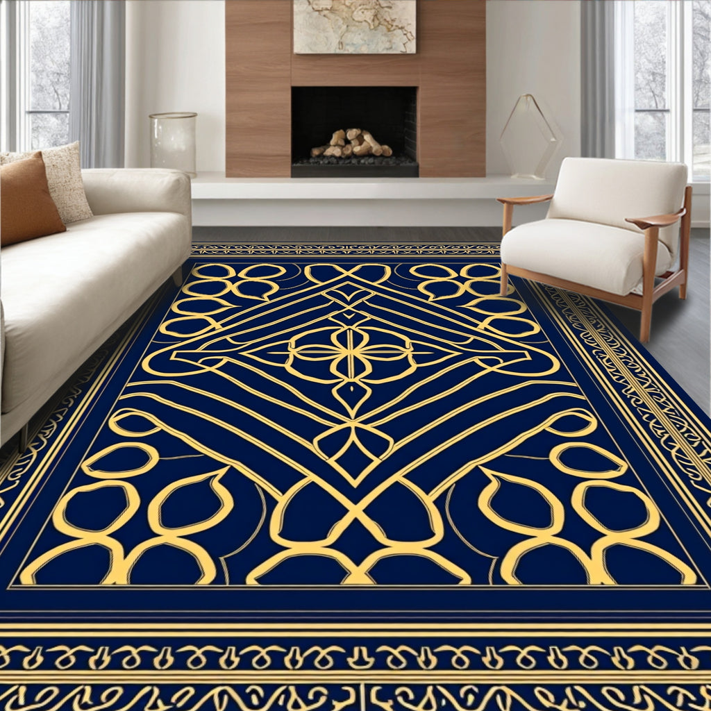 Ornate Blue Gold Geometric Medallion Rug