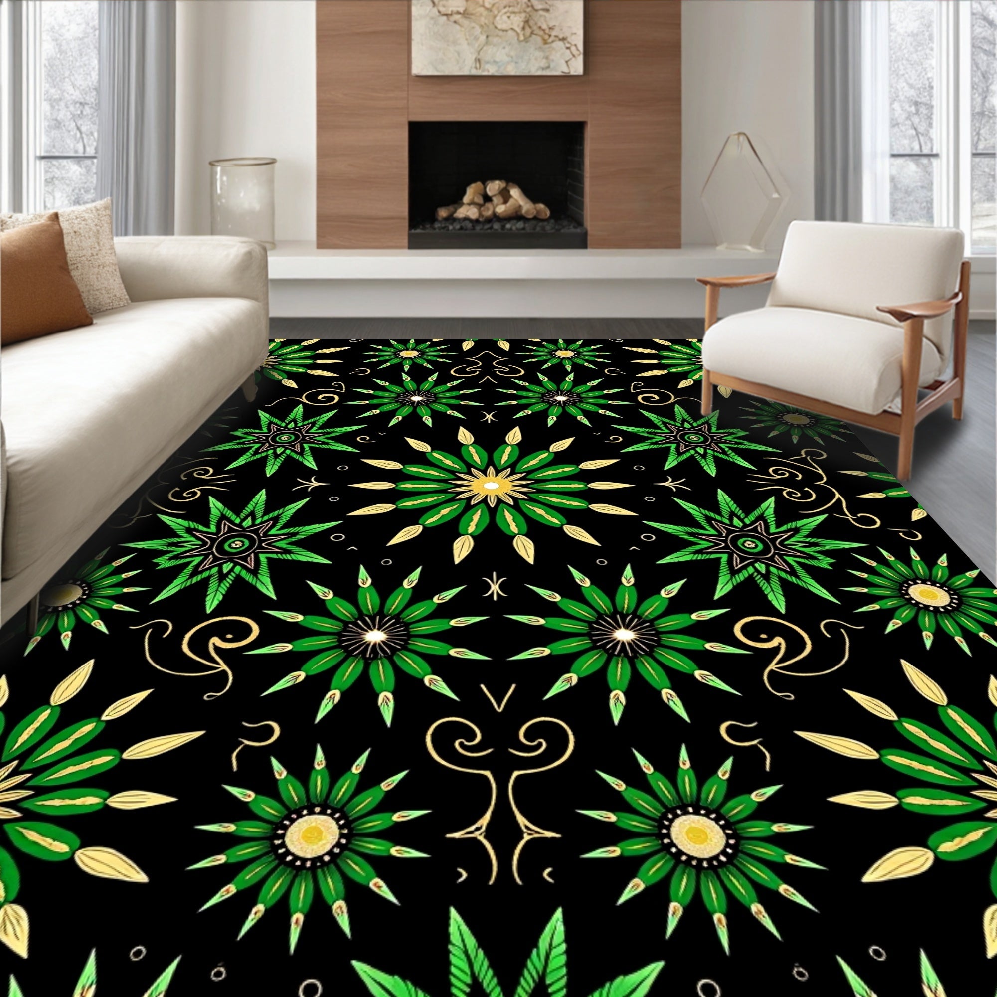 Green Gold Starburst Mandala Rug