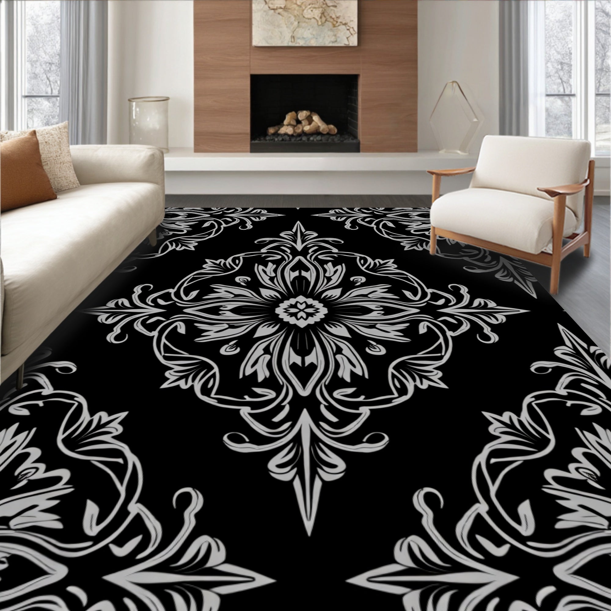 Classic Gray Floral Damask Pattern Rug