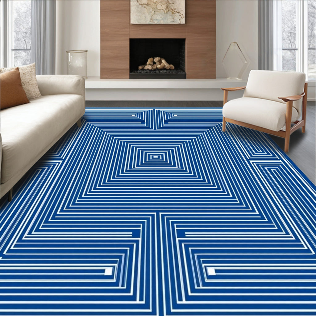 Concentric Blue White Maze Pattern Rug