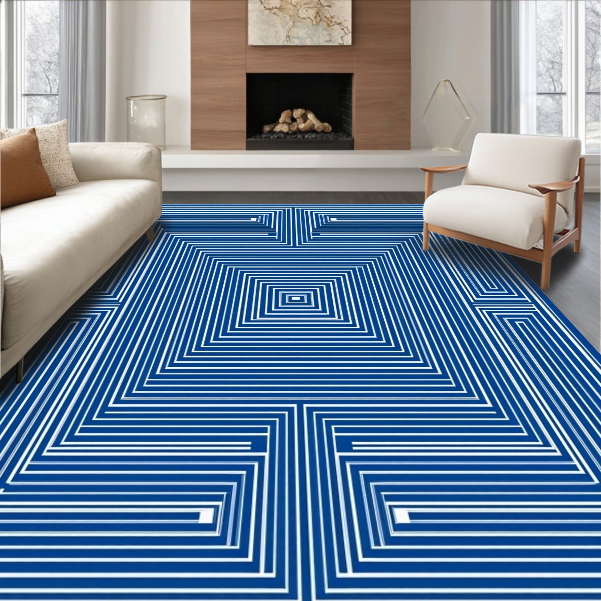 Concentric Blue White Maze Pattern Rug