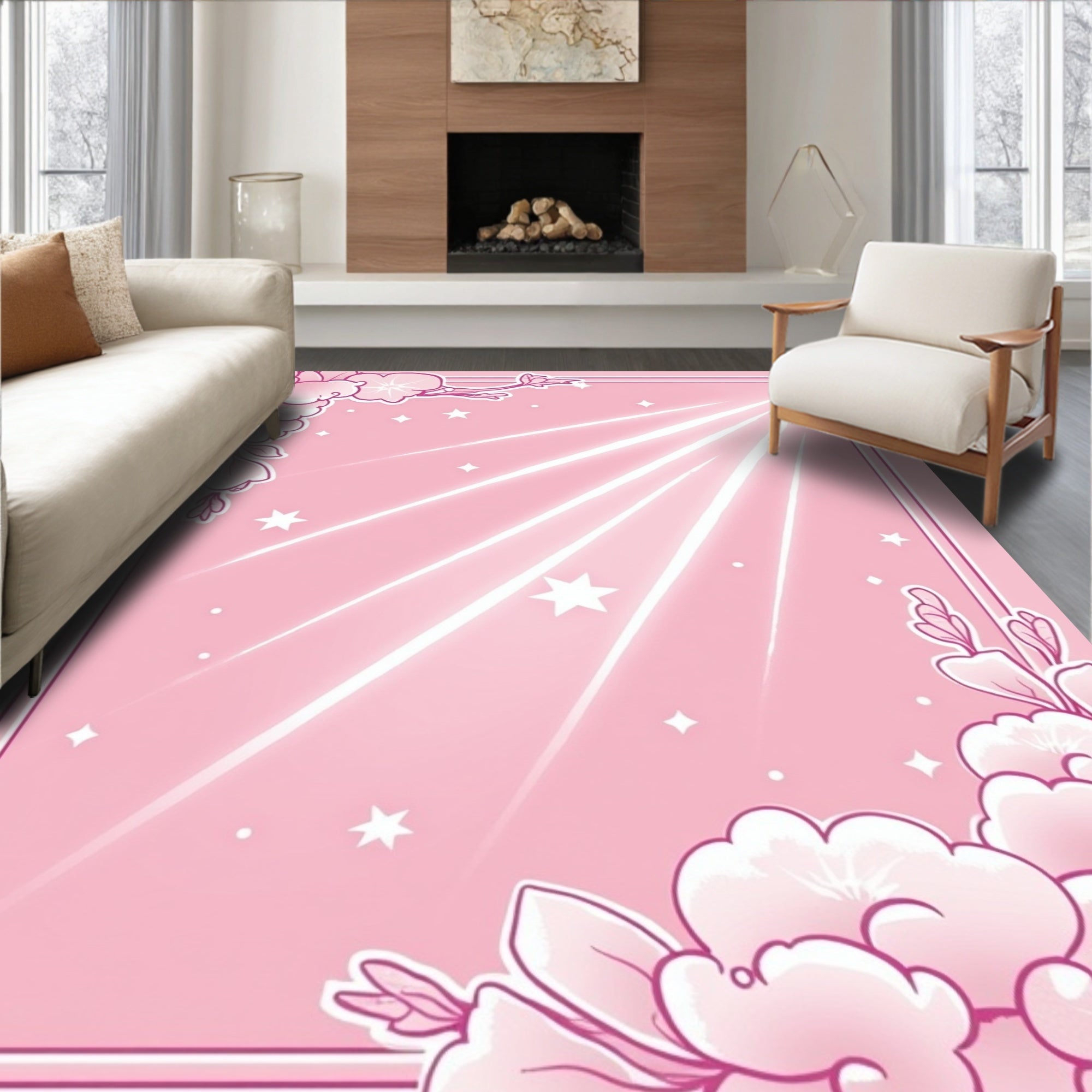 Whimsical Pink Floral Star Design Rug