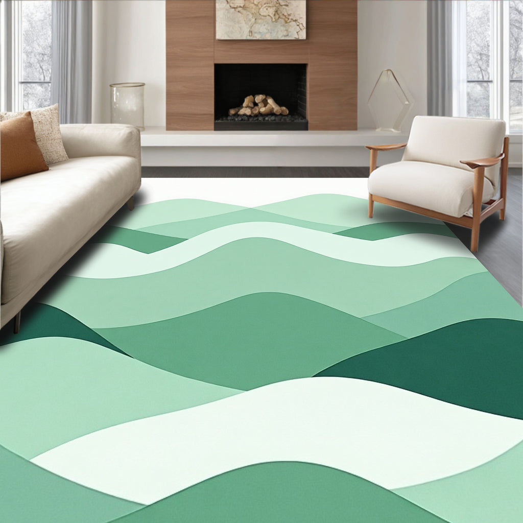 Layered Abstract Green Wave Pattern Rug