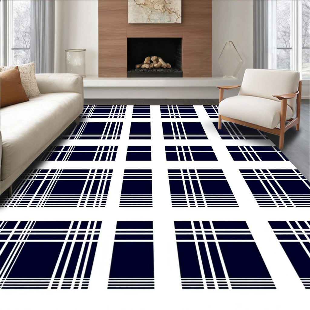 Navy White Gingham Grid Pattern Rug