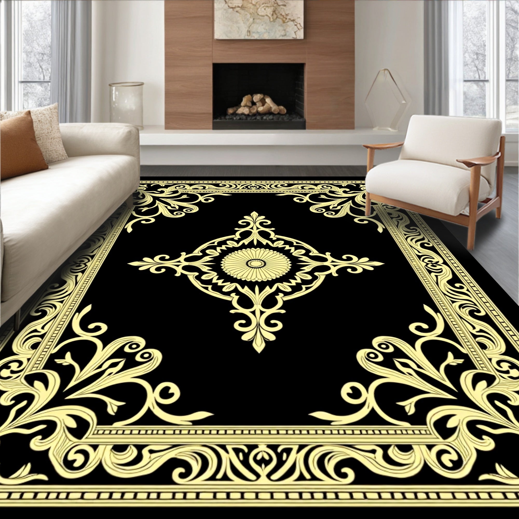 Ornate Floral Medallion Border Design Rug