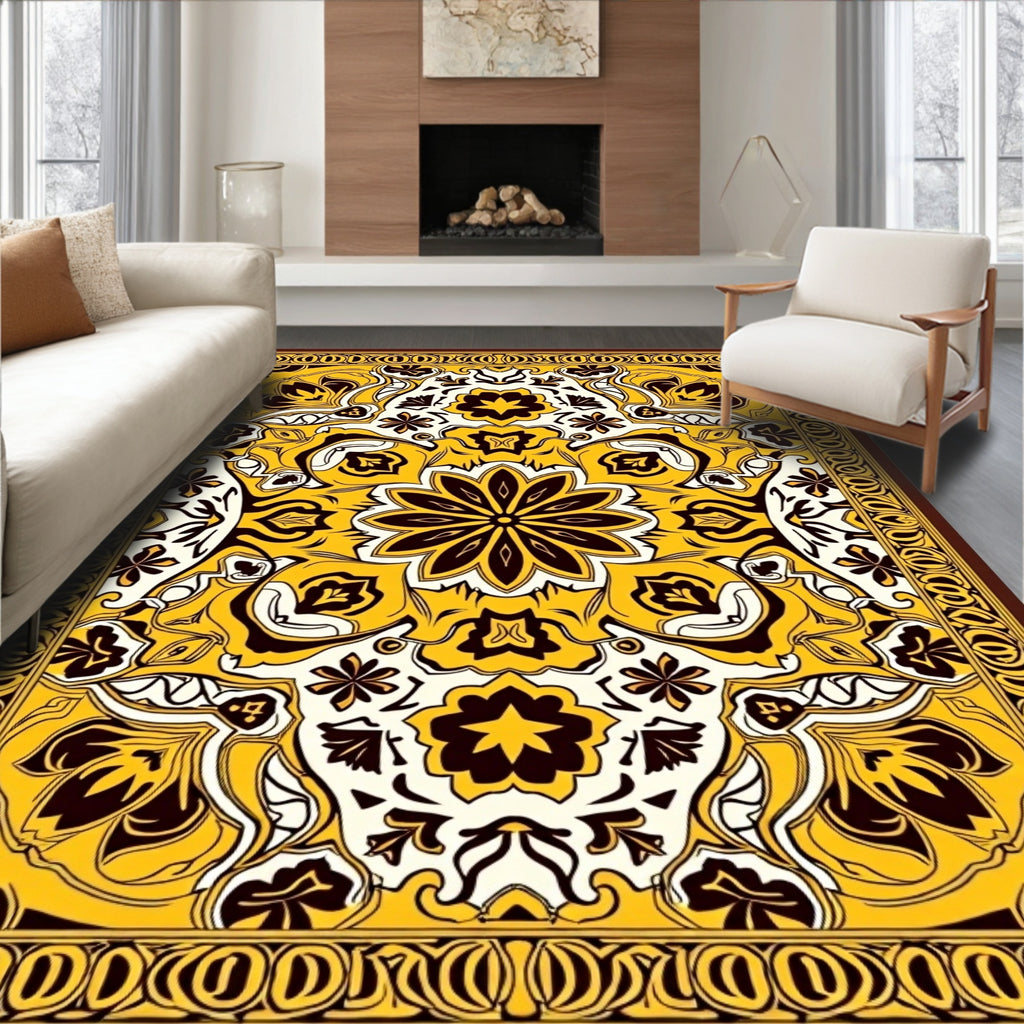 Ornate Yellow Floral Mandala Pattern Rug