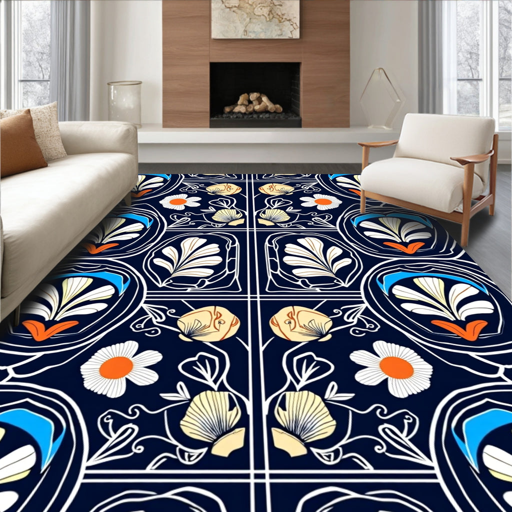 Art Nouveau Floral Dark Blue Rug