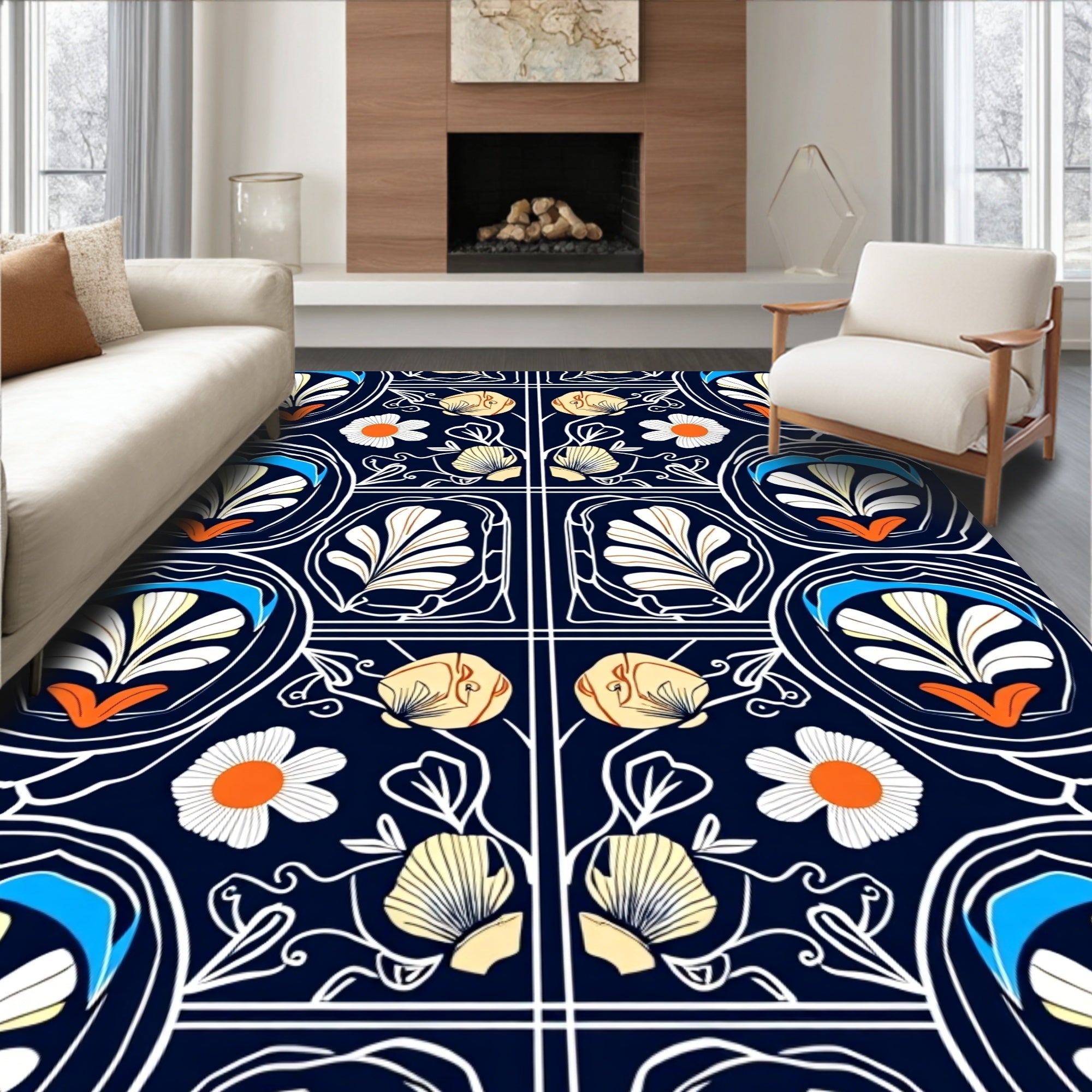 Art Nouveau Floral Dark Blue Rug