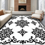 Black White Ornamental Flower Pattern Rug