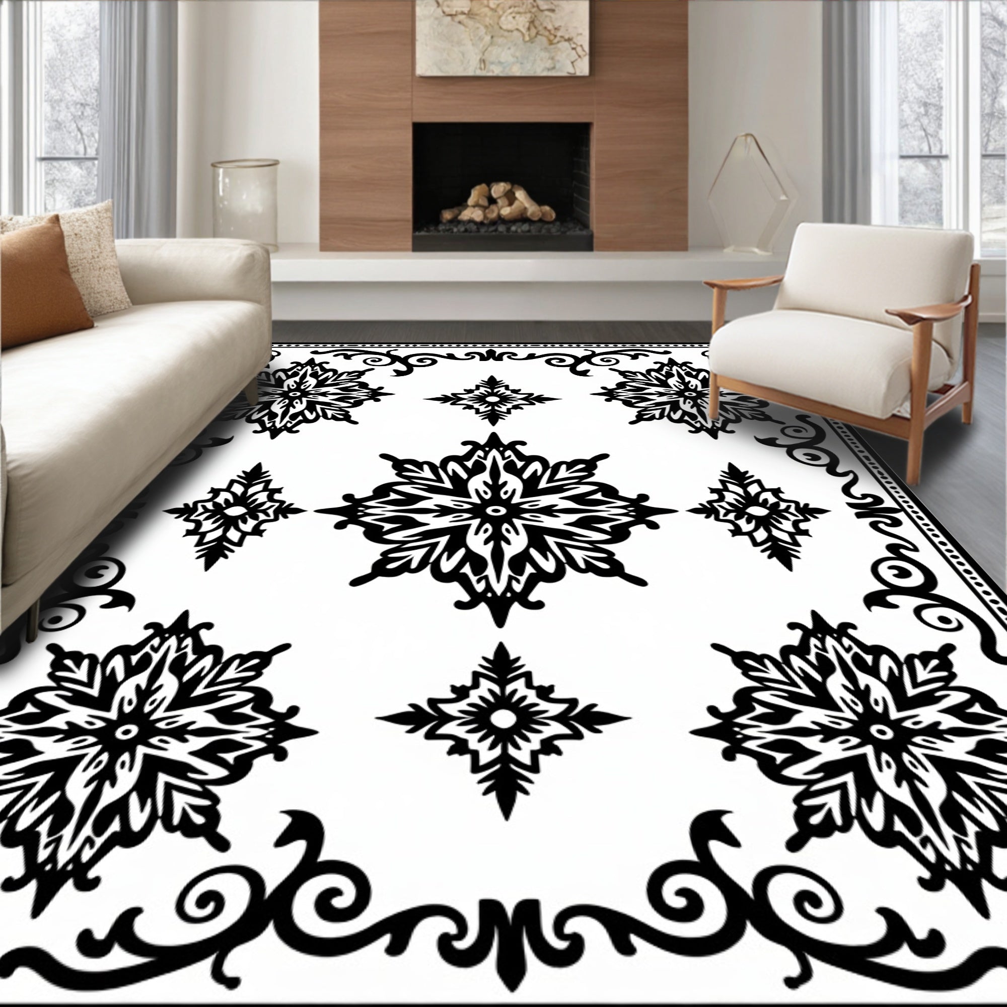 Black White Ornamental Flower Pattern Rug