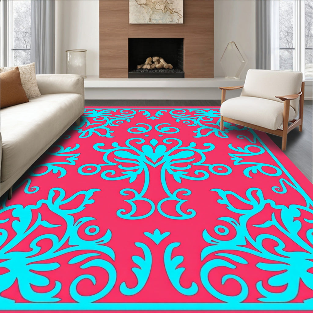 Aqua Flourish Pattern On Coral Ground Rug