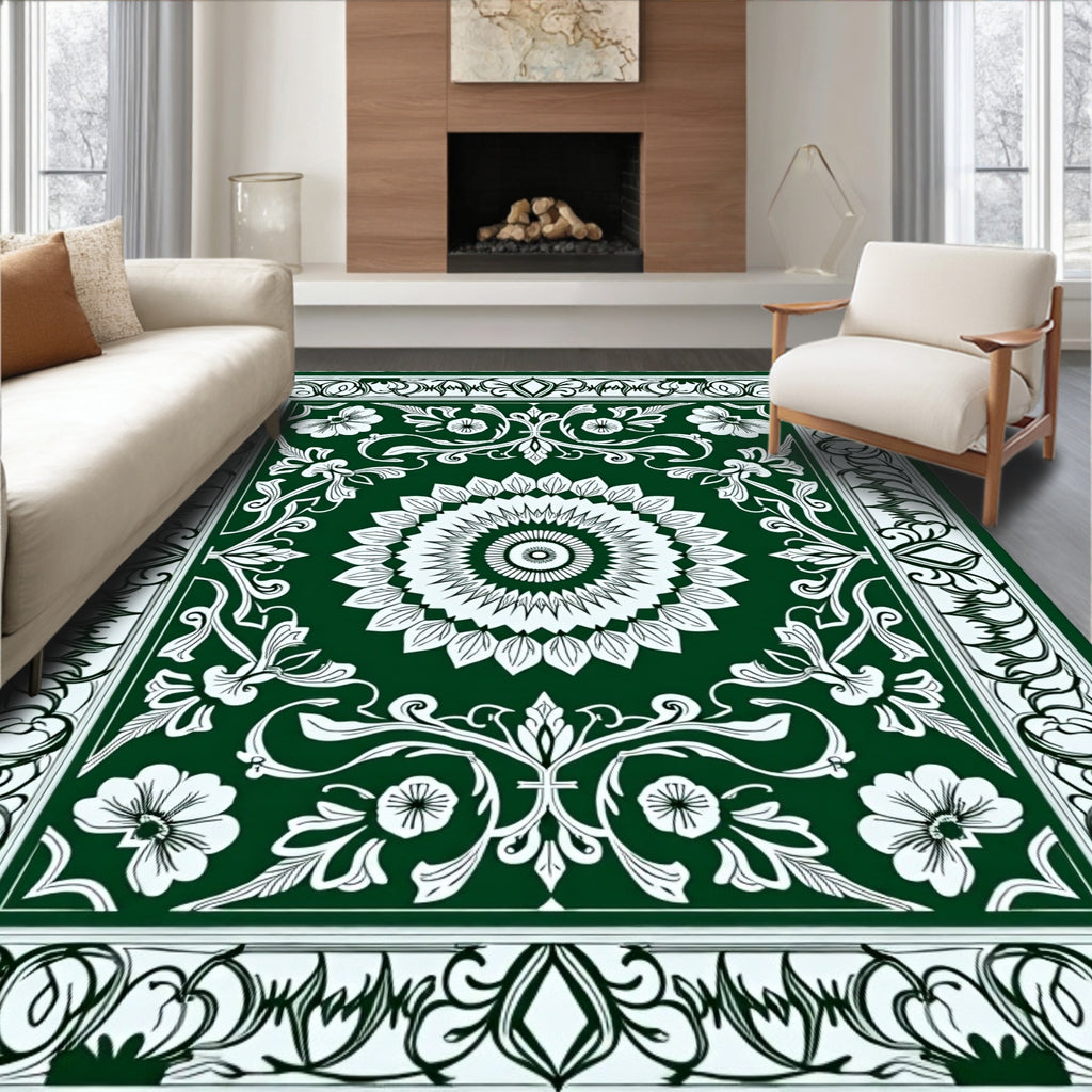 Dark Green Floral Mandala Print Rug