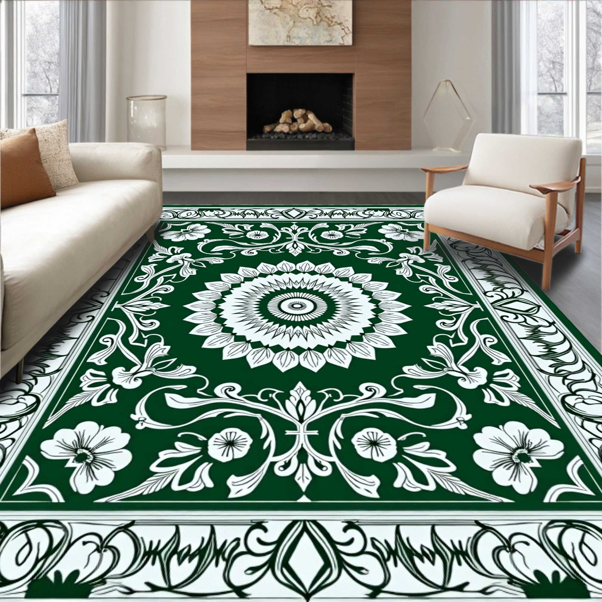 Dark Green Floral Mandala Print Rug