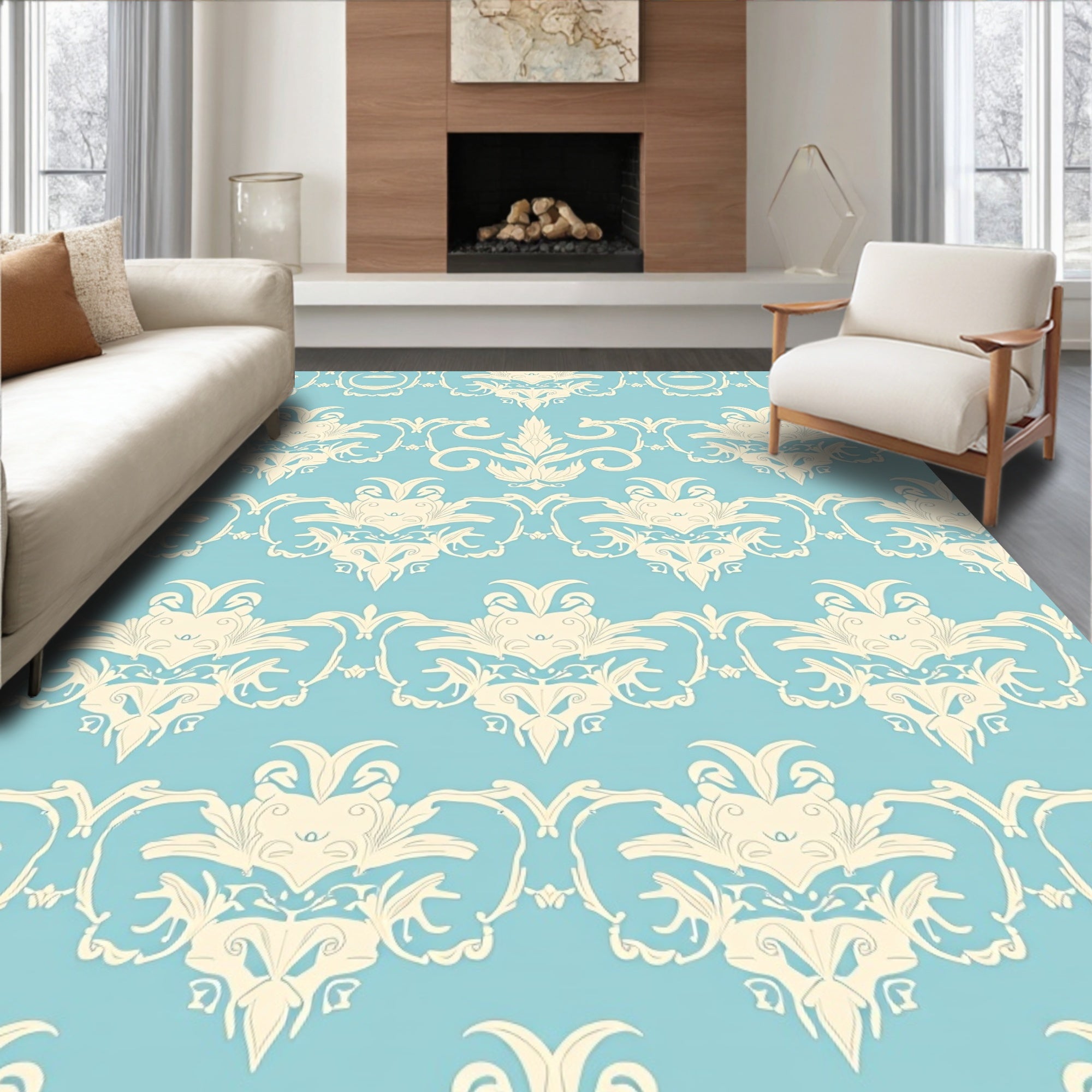 Pale Yellow Floral Damask Pattern Rug