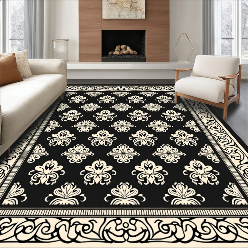 Damask Floral Scrolling Border Pattern Rug
