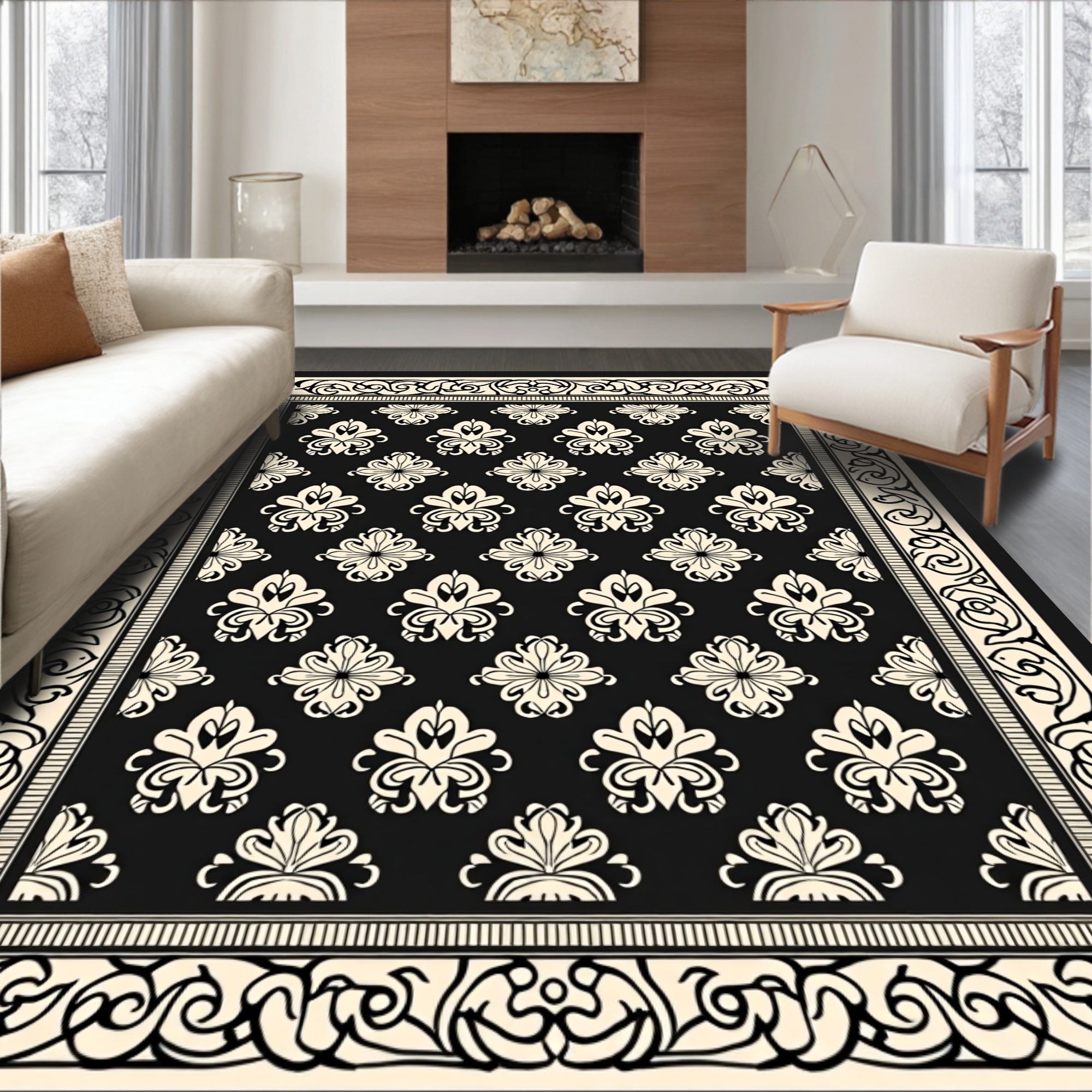 Damask Floral Scrolling Border Pattern Rug