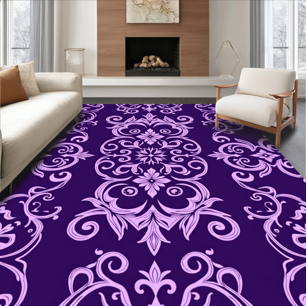 Ornate Violet Floral Damask Design Rug