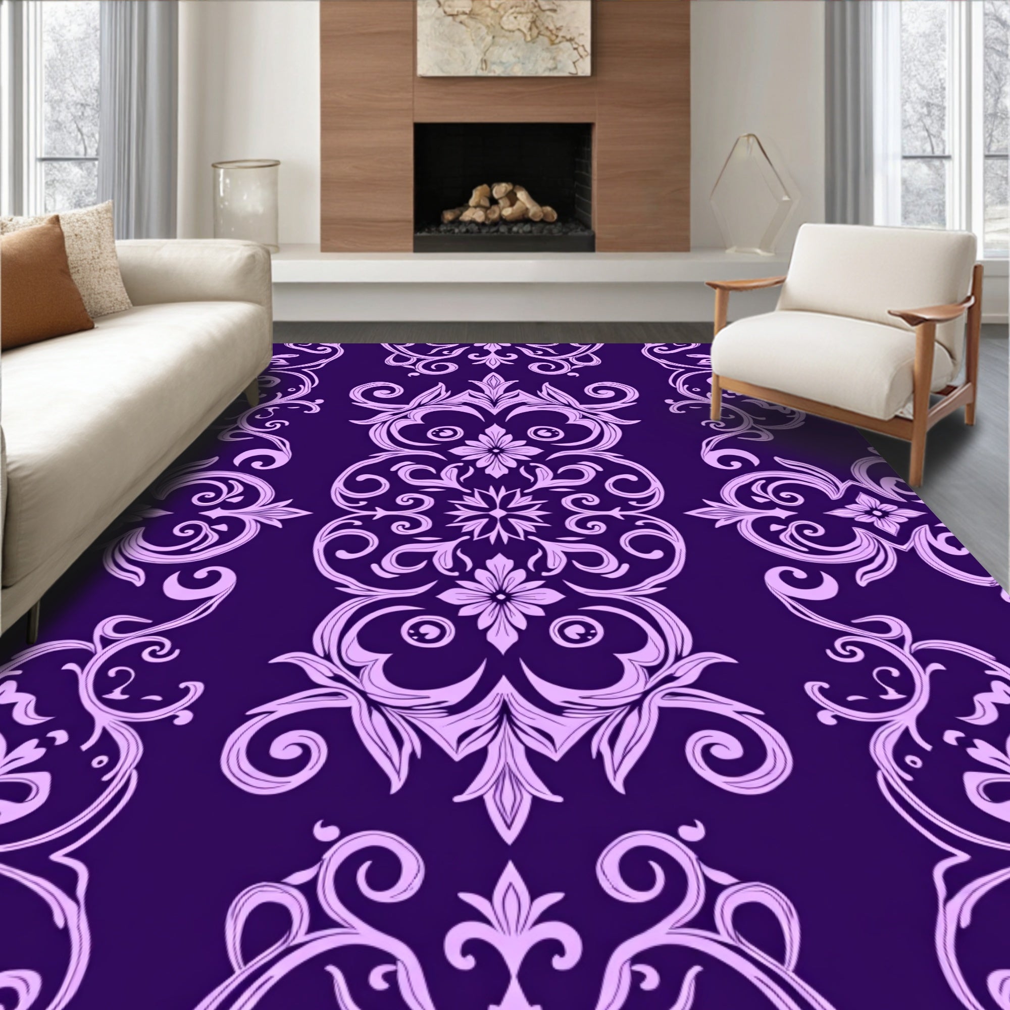 Ornate Violet Floral Damask Design Rug