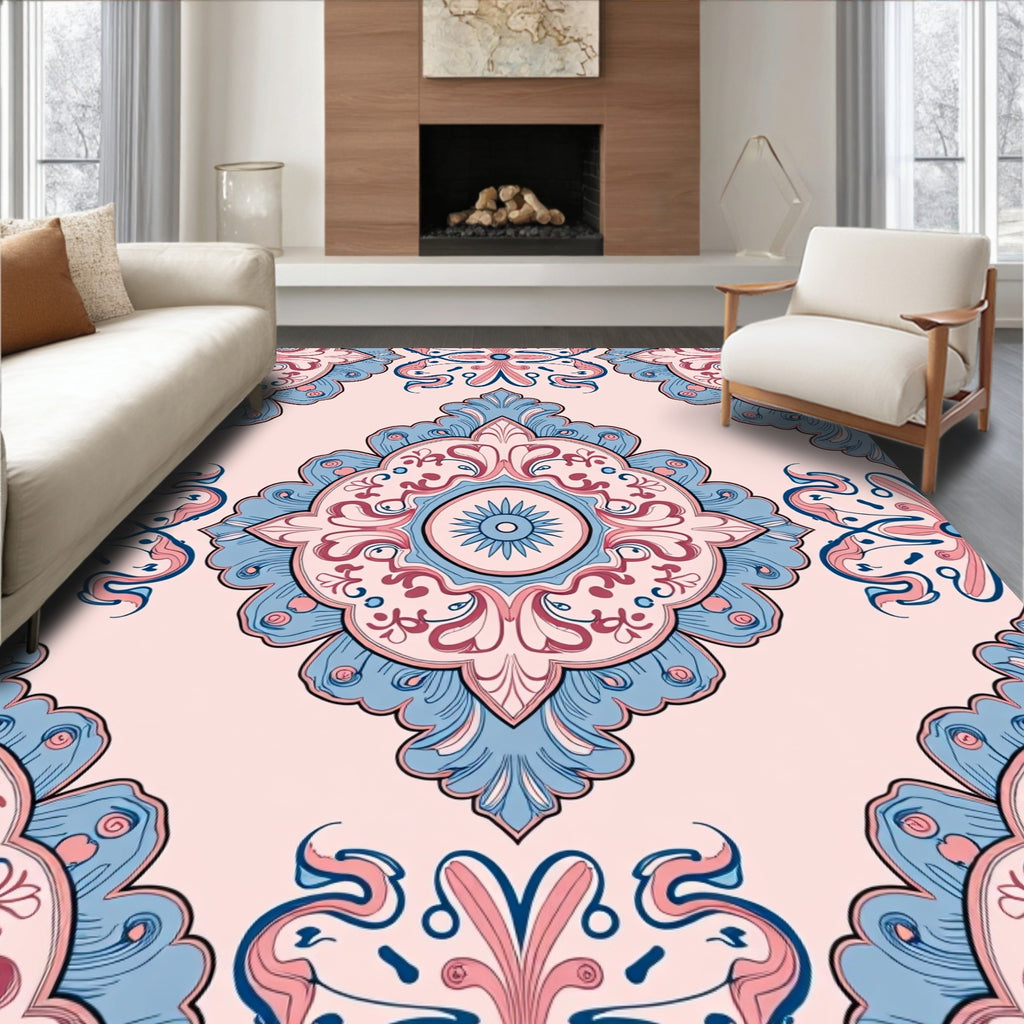 Ornate Floral Medallion Pattern with Pink Blue Rug