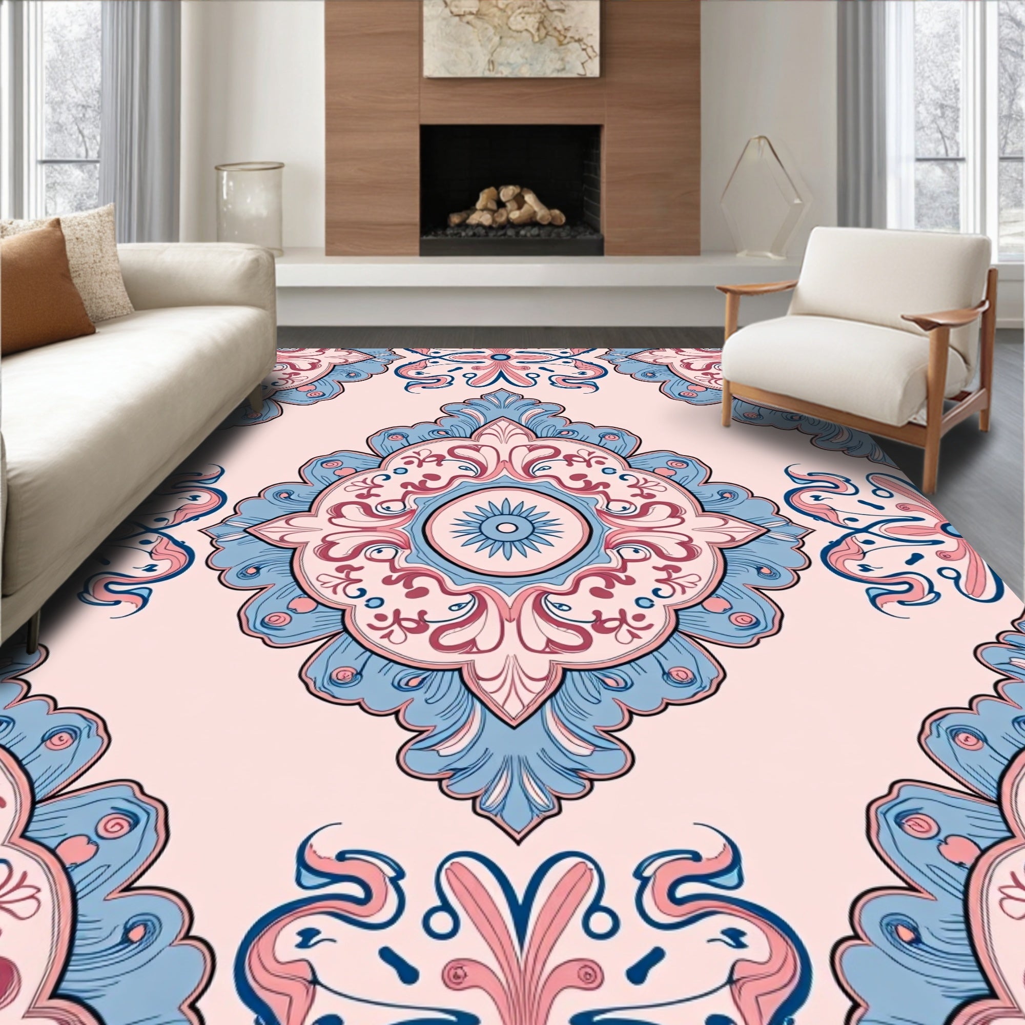 Ornate Floral Medallion Pattern with Pink Blue Rug
